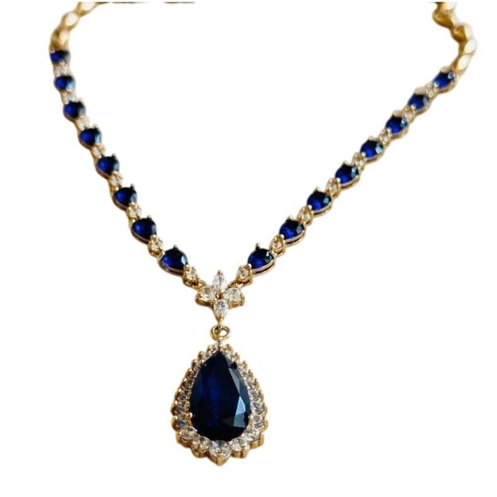 Regency Style Necklace Blue Crystal Gold Plated VTG Bridal Jeweled High end 18"